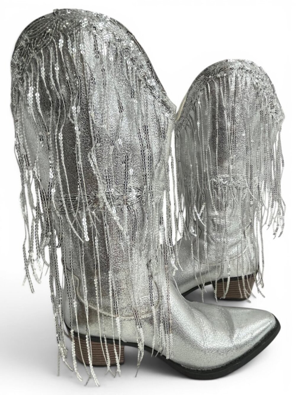 SAERA Mid-Calf Silver Metallic Sequin Fringe Cowboy Western Boots Women's 8